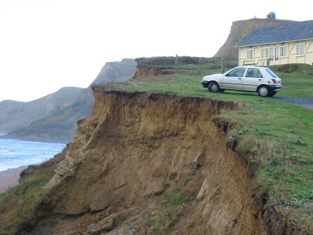 White Ford Fiesta parked at the cliff-top at Eype in Dorset